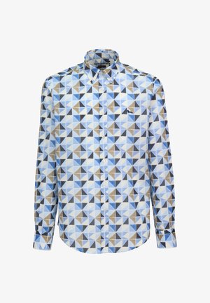 Overhemd van katoen met een geometrisch patroon van blauwe, bruine en witte driehoeken. Klassieke kraag en lange mouwen.