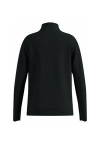 Top nero a maniche lunghe con colletto alto. Presenta una texture liscia e senza motivi o decorazioni visibili. Design semplice.