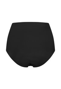 Mutande nere a vita alta con una texture liscia e un design a copertura totale, caratterizzate da una finitura senza cuciture e senza hardware visibile.