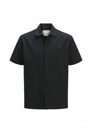 Short-sleeve black button-up shirt with a textured pattern, featuring a single chest pocket and a collar.