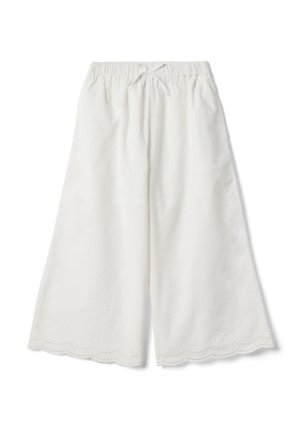 Pantalones blancos de pierna ancha con cintura elástica y cordón, con dobladillo ondulado y detalles sutiles de bordado floral.