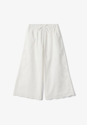 Pantalones blancos de pierna ancha con cintura elástica y cordón, con dobladillo ondulado y detalles sutiles de bordado floral.