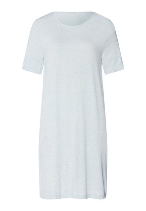 Lyseblå kortærmet afslappet kjole med rund halsudskæring og en lige, knælængde snit.