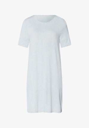 Vaaleansininen lyhythihainen rento mekko, jossa pyöreä pääntie ja suora, polvipituinen leikkaus.