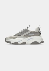 Chunky sivi i bijeli tenisice s mrežastim panelima, debelim oblikovanim potplatom, vezicama, trakama na peti i jeziku, te "Steve Madden" logom sa strane.