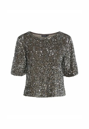 Top a maniche corte ricoperto di paillettes argentate con scollatura rotonda; vestibilità comoda; colore di base scuro e lucido con superficie strutturata.