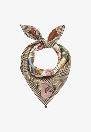 Zijden sjaal met bruin pied-de-poulemotief, bloemen- en dierenprint, geknoopt met twee puntige uiteinden op een witte achtergrond.