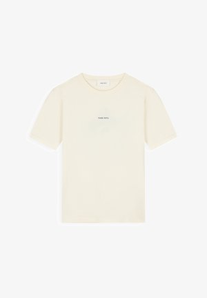 Crèmekleurig katoenen T-shirt met korte mouwen, ronde hals en de tekst "PURE PATH" in het zwart gedrukt in het midden. Gladde textuur, klassieke pasvorm.