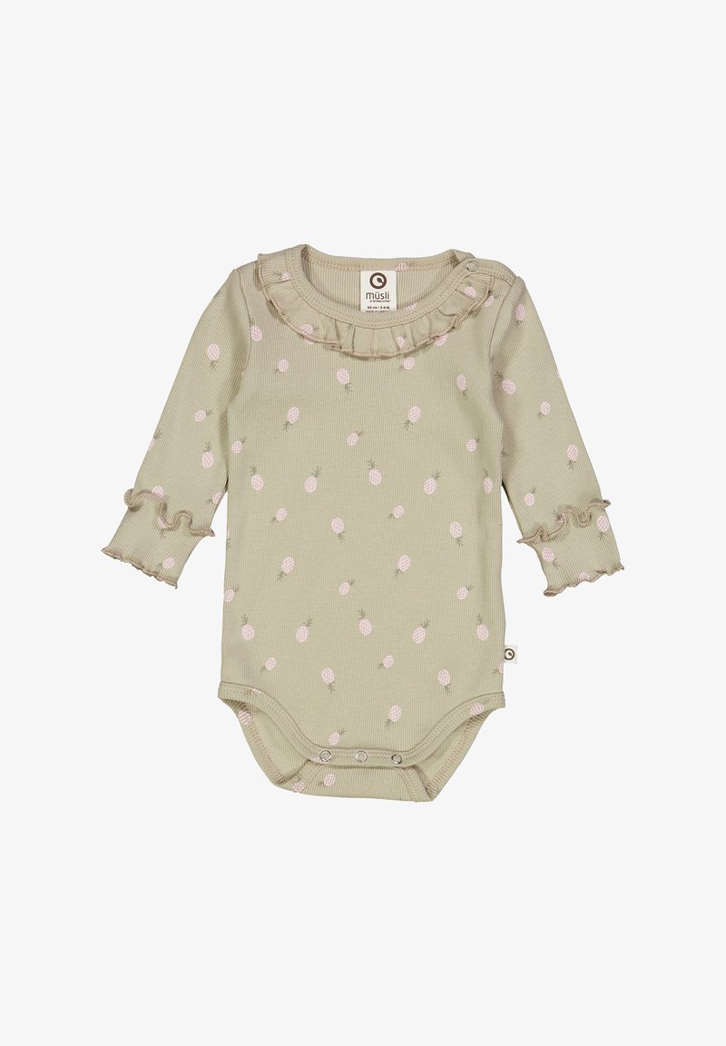 Dlouhý rukáv onesie z měkké zelené žebrované tkaniny s růžovými vzory ananasů, volánkovým výstřihem a patentkami na dně.