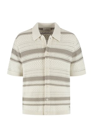 Strick-Polohemd mit kurzen Ärmeln, beige und taupefarbene horizontale Streifen und strukturiertes Lochmuster, vorne mit Knöpfen.