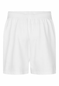 Białe bawełniane szorty z elastycznym pasem, o luźnym, pudełkowym kroju i gładkiej fakturze, bez kieszeni i ozdób.