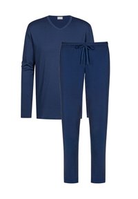 Marineblaues Langarm-Shirt mit V-Ausschnitt, kombiniert mit passenden Zugbandhosen. Weicher Stoff, lockere Passform, minimaler Stitching-Detail.