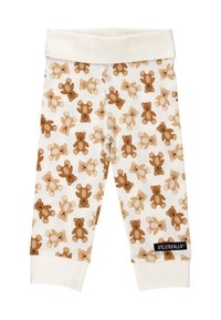 Pantaloni realizzati in morbido cotone con una base bianca, caratterizzati da un motivo ripetuto di orsetti marroni e beige, con vita e polsini elasticizzati.