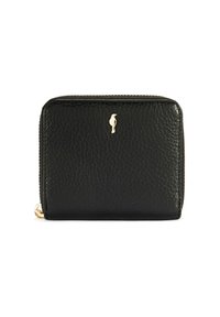 Kompaktowy czarny portfel ze strukturalnej skóry z złotym emblemem ptaka i złotym zapięciem na białym tle.