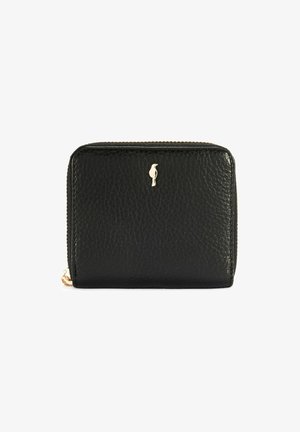 Kompaktowy czarny portfel ze strukturalnej skóry z złotym emblemem ptaka i złotym zapięciem na białym tle.