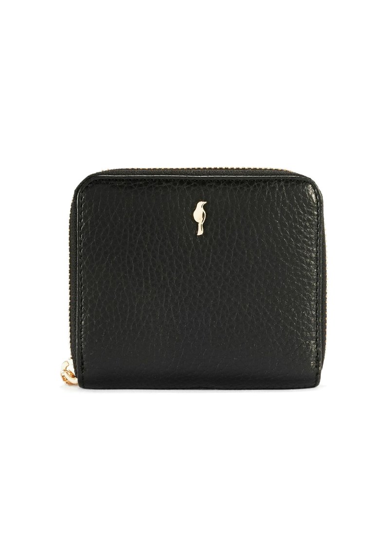 Kompaktowy czarny portfel ze strukturalnej skóry z złotym emblemem ptaka i złotym zapięciem na białym tle.