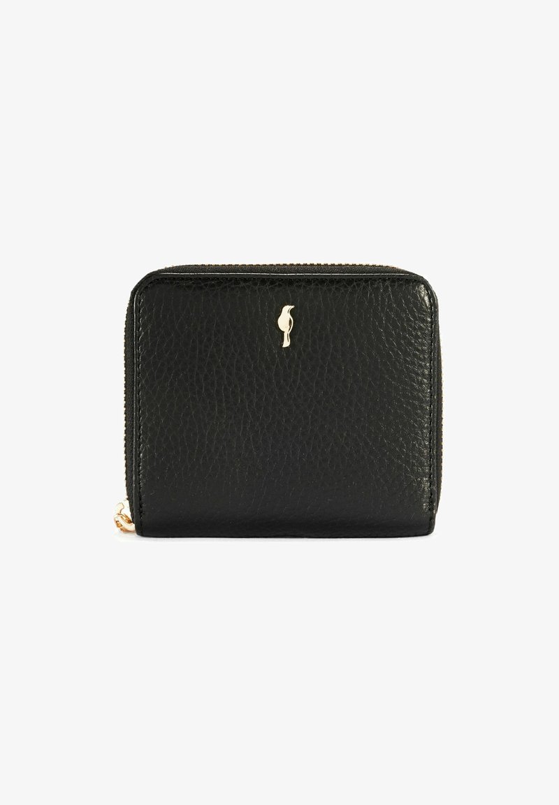 Kompaktowy czarny portfel ze strukturalnej skóry z złotym emblemem ptaka i złotym zapięciem na białym tle.