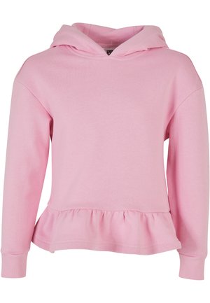 Ljusrosa huvtröja med långa ärmar och peplum fåll. Tillverkad av mjukt tyg med ribbade ärmslut och en enkel design.