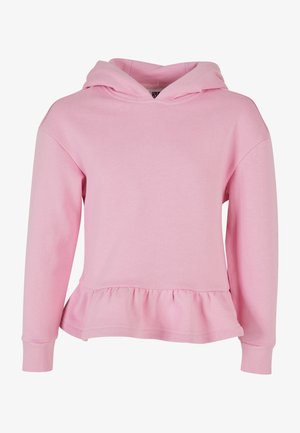 Felpa a cappuccio rosa chiaro con maniche lunghe e orlo a peplum. Realizzata in tessuto morbido con polsini a coste e un design semplice.