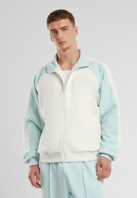Lettvint zip-up jakke i krem med pastellblå detaljer. Har stå høy krage, ribbede mansjetter og brodert logo på brystet. Myk tekstur.