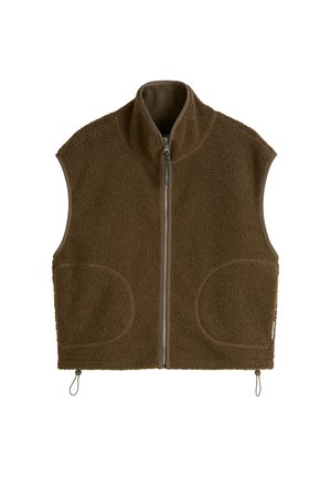 Brown sleeveless fleece vest with front zipper and two rounded pockets, featuring a high collar and adjustable hem toggles.