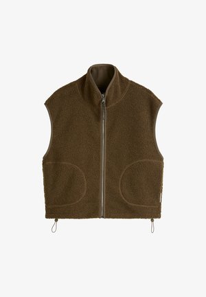Brown sleeveless fleece vest with front zipper and two rounded pockets, featuring a high collar and adjustable hem toggles.