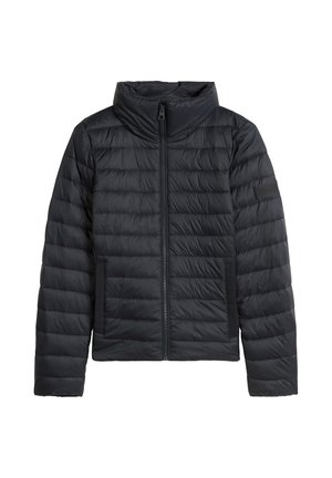 Black puffer jacket with a high collar, zippered front, and horizontal quilted pattern. Features two side pockets and a smooth texture.