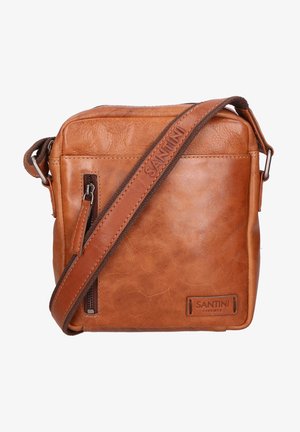 Borsa a tracolla in pelle marrone con finitura texturizzata. Dotata di tracolla regolabile, tasca con zip frontale e logo del marchio stampato nella parte anteriore inferiore.