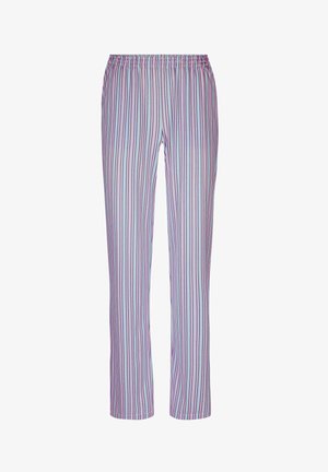 Lightweight, elastic-waist pants with vertical purple and pink stripes on a white background. Straight leg design, smooth texture.