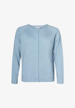 Cardigan bleu deschis, realizat dintr-un tricot moale și texturat. Are mâneci lungi, decolteu rotund și șapte nasturi în față.