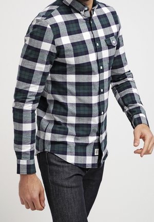 Hombre con camisa de cuadros negra, blanca y verde, de manga larga y abotonada, y vaqueros oscuros sobre un fondo liso.