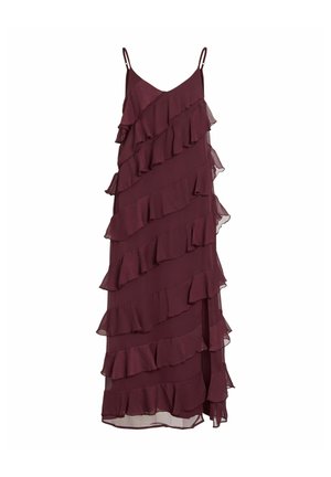 Bordo haljina bez rukava s slojevitim volanima, delikatnim materijalom i lepršavim dizajnom. Ima podesive naramenice i asimetričnu donju ivicu.