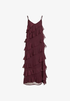 Bordo haljina bez rukava s slojevitim volanima, delikatnim materijalom i lepršavim dizajnom. Ima podesive naramenice i asimetričnu donju ivicu.