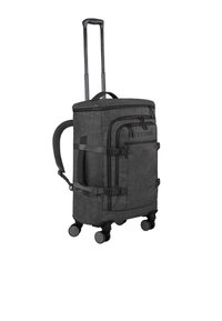 Rollkoffer aus dunkelgrauem Stoff mit mehreren Fächern, ausziehbarem Griff, vier leicht rollenden Rädern und seitlichen Gurten.