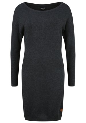 Dunkelgraues Strickkleid aus weichem Material. Hat lange Ärmel, einen weiten Ausschnitt und ein dezentes Logo-Patch am Saum.