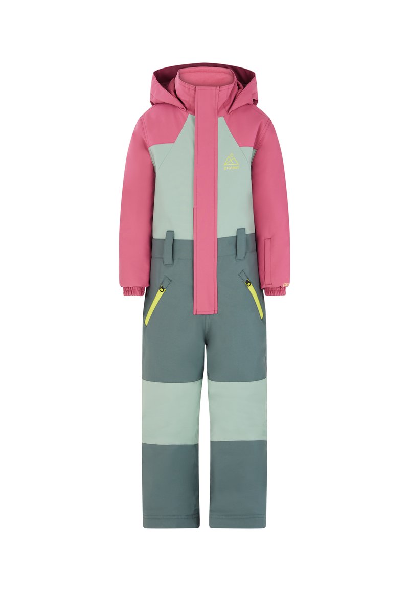 Mono impermeable para niños en bloques de color rosa, menta y gris. Cuenta con una capucha, cremallera frontal y dos bolsillos con cremallera con acentos amarillos.