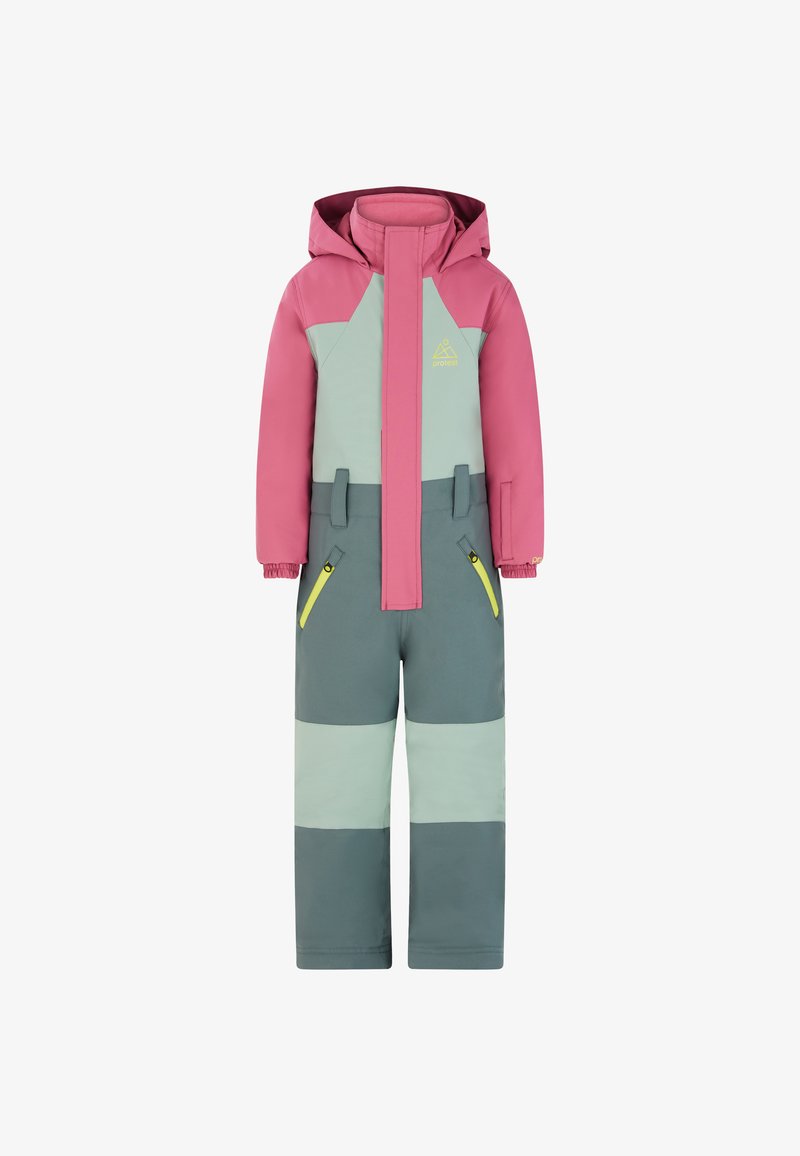 Dziecięski wodoodporny kombinezon narciarski w różowo-miętowo-szarych blokach kolorów. Posiada kaptur, zamek błyskawiczny z przodu oraz dwie zasuwane kieszenie z żółtymi akcentami.