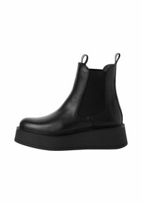 Băcăni din piele neagră Chelsea cu talpă platformă, panouri laterale elastice și benzi de tracțiune pentru o purtare ușoară. Textură netedă și design modern.