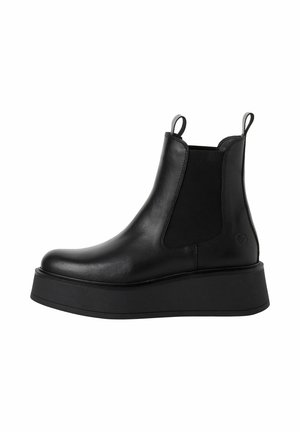 Zwarte leren Chelsea-boots met een platformzool, elastische zijkanten en trekbanden voor gemakkelijk aan- en uittrekken. Gladde textuur en modern ontwerp.