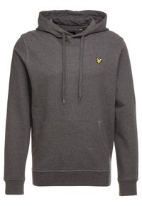 Szara bluza z kapturem, z przednią kieszenią, kapturem z sznurkiem, ściągaczami na rękawach oraz małym haftowanym żółtym logo na klatce piersiowej. Miękka faktura materiału.