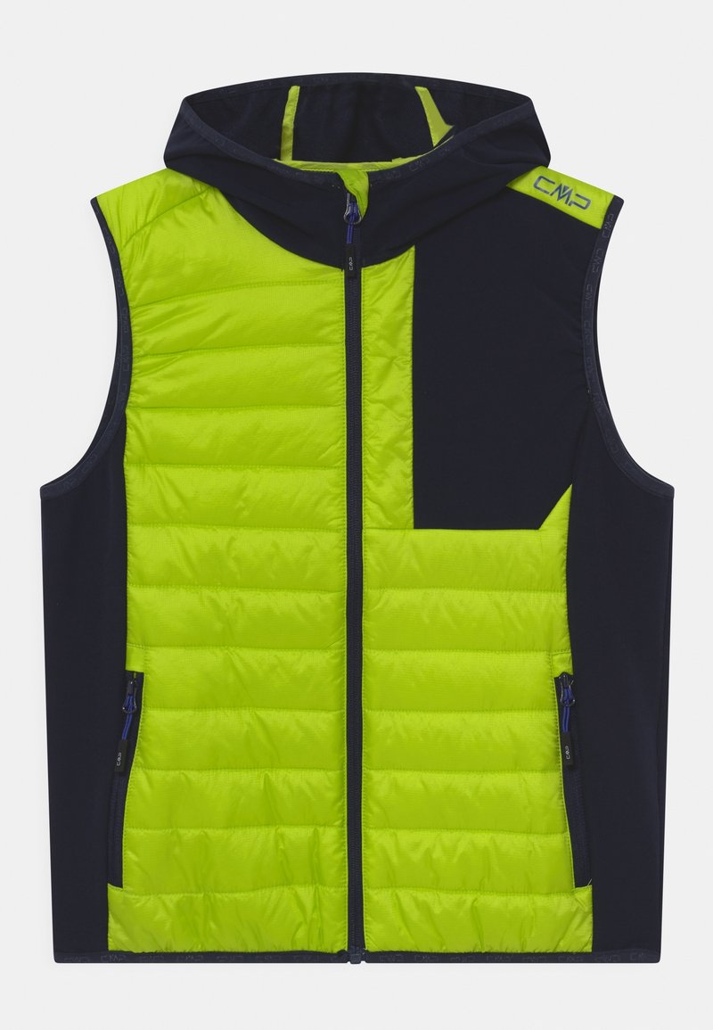 Chaleco sin mangas con capucha, que presenta paneles acolchados en verde lima brillante y lados en azul marino oscuro. Incluye bolsillos con cremallera y detalles con el logo.