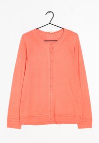 Korallfärgad kofta med långa ärmar, ribbat rundhals och nederkant, med en knappstängning fram med sex runda knappar. Mjuk stickad tyg.