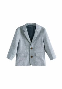 Helles graues, strukturiertes Blazerjackett mit zwei Fronttaschen, zwei braunen Knöpfen und einem blauen Innenfutter. Mit Reverskragen und langen Ärmeln.