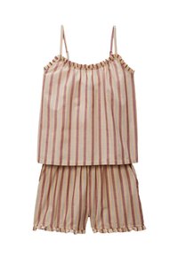 Ensemble deux pièces rayé comprenant un top camisole à volants et un short. Les couleurs incluent des rayures rose pâle, jaune et bleu clair, fabriqué en tissu léger.