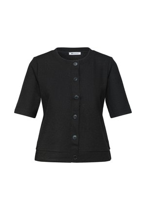 Cardigan noir à manches courtes avec encolure ronde et six boutons sur le devant, en tissu maille côtelée.