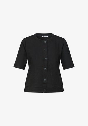 Cardigan noir à manches courtes avec encolure ronde et six boutons sur le devant, en tissu maille côtelée.