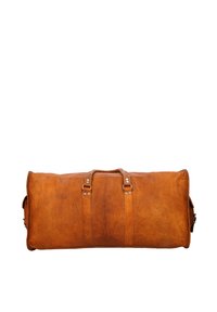 Tan leather duffel bag with a cylindrical shape, two sturdy handles, and metal accents on the straps. Smooth texture with visible stitching.