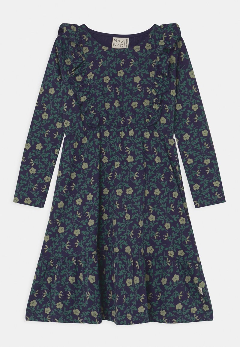 Robe bleu marine à manches longues avec motif floral vert, volants sur la poitrine et les épaules, et jupe à volants froncée.