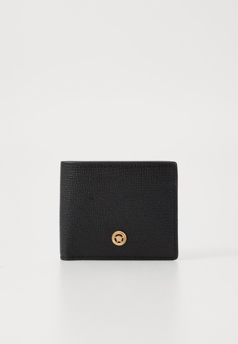 Black textured leather wallet with a gold circular logo on the front. Compact rectangular design with clean edges.
