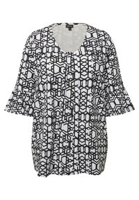Schwarz-weiße blouse mit einem Rundhalsausschnitt und Glockenärmeln. Das geometrische Design zeigt Sechsecke und Linien in wechselnden Farben.